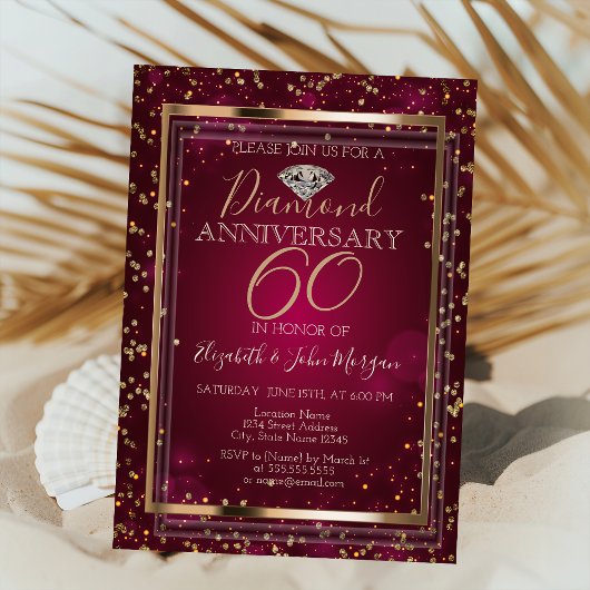 Invitation Diamants de style,Cadre Rouge Mariage Anniversaire
