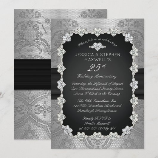 Invitation Diamants | Dentelle 25e anniversaire de mariage (Devant / Derrière)