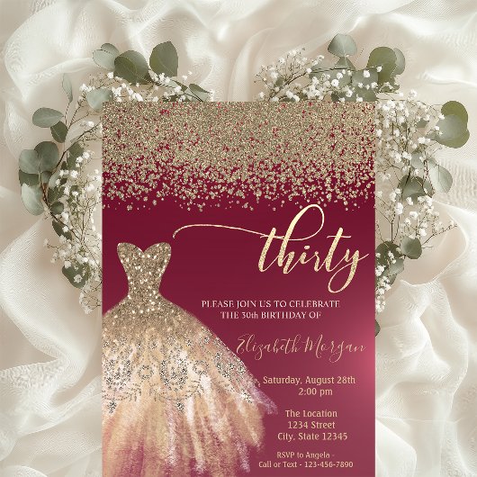 Invitation Diamants d'or, élégante robe Bourgogne 30e anniver