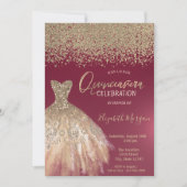 Invitation Diamants d'or, élégante robe Bourgogne Quinceanera (Devant)