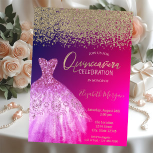Invitation Diamants d'or, élégante robe chic Quinceañera