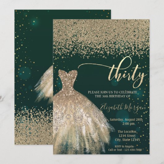 Invitation Diamants d'or, élégante robe verte 30e anniversair (Devant / Derrière)