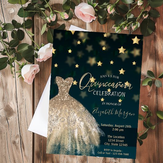 Invitation Diamants d'or, Élégantes Stars de Robe Quinceañera