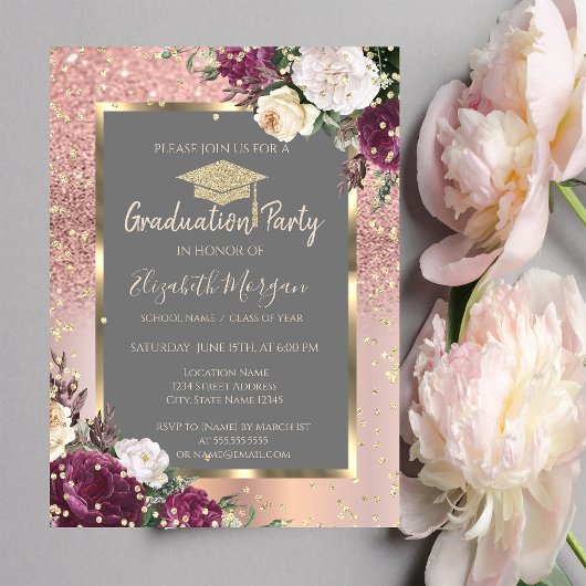 Invitation Diamants d'or Fleurs Bourgogne Graduation