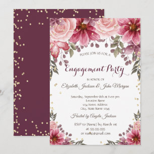 Invitation Diamants d'or Floral Bourgogne Fiançailles