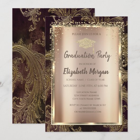 Invitation Diamants d'or Floral Damask Graduation (Devant / Derrière)