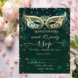 Invitation Diamants d'or mascarade Vert Sweet 16 RSVP