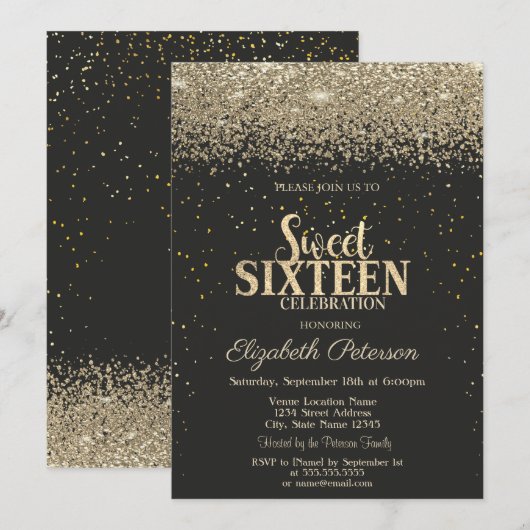 Invitation Diamants d'or moderne Confetti Black Sweet 16 (Devant / Derrière)