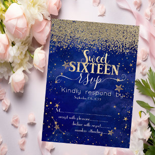 Invitation Diamants d'or moderne Stars Blue Sweet 16 RSVP