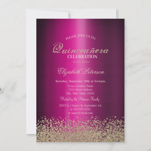 Invitation Diamants d'or moderne violet métal Quinceañera (Devant)