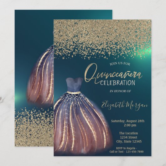 Invitation Diamants d'or, Robe Chic Verte Quinceañera (Devant / Derrière)