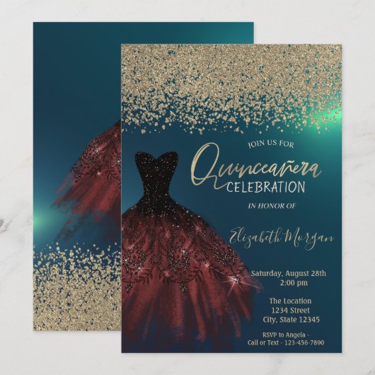Invitation Diamants d'or, Robe élégante Quinceanera verte (Devant / Derrière)