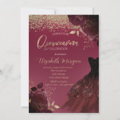 Invitation Diamants d'or, Robe, Roses Bourgogne Quinceanera (Devant)