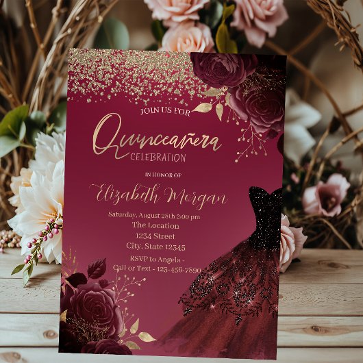 Invitation Diamants d'or, Robe, Roses Bourgogne Quinceanera