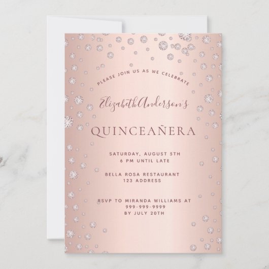 Invitation Diamants d'or rose Quinceanera (Devant)