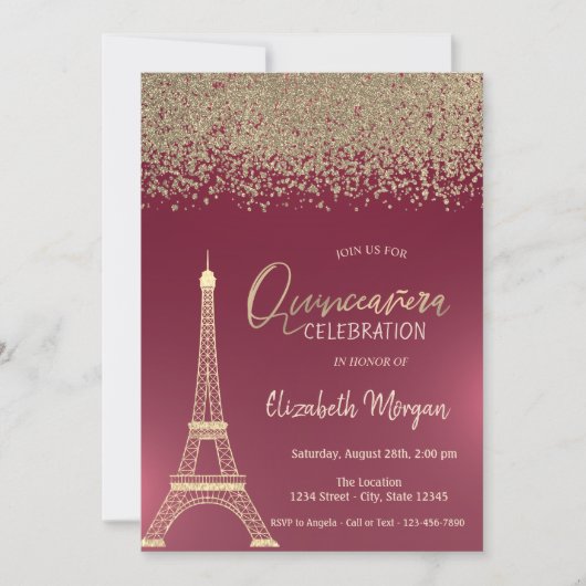 Invitation Diamants d'or, Tour Eiffel Quinceanera Rouge (Devant)