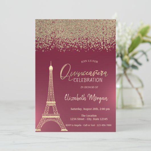 Invitation Diamants d'or, Tour Eiffel Quinceanera Rouge (Debout devant)