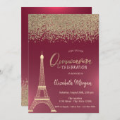 Invitation Diamants d'or, Tour Eiffel Quinceanera Rouge (Devant / Derrière)