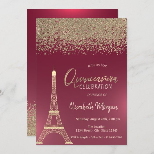 Invitation Diamants d'or, Tour Eiffel Quinceanera Rouge (Devant / Derrière)