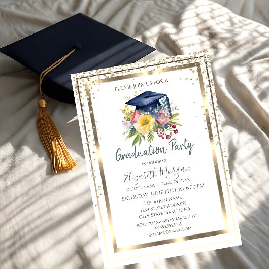 Invitation Diamants dorés, cadre, capuchon de graduation flor
