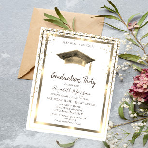 Invitation Diamants dorés, cadre, chapeau de graduation aquar