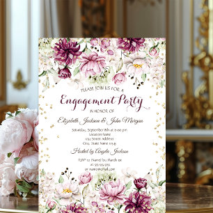 Invitation Diamants Dorés Fleurs Roses Fiançailles