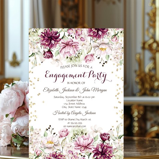 Invitation Diamants Dorés Fleurs Roses Fiançailles