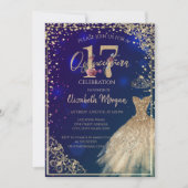 Invitation Diamants dorés Floral bleu Quinceañera (Devant)