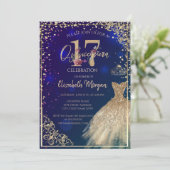 Invitation Diamants dorés Floral bleu Quinceañera (Debout devant)