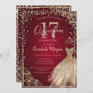 Invitation Diamants dorés Floral Rouge Quinceañera