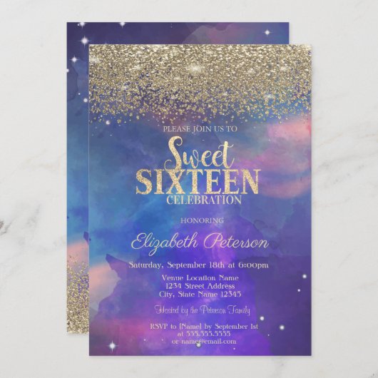 Invitation Diamants dorés modernes Peinture Doux de Plat 16 (Devant / Derrière)