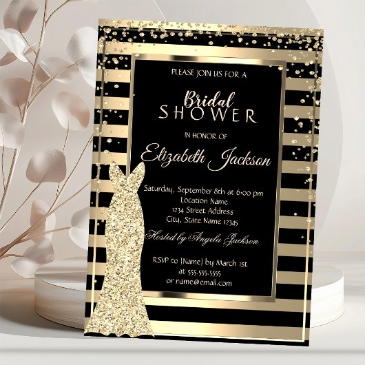 Invitation Diamants dorés, robe à rayures cadre Shower de mar