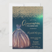 Invitation Diamants dorés, robe chic verte pour Quinceañera (Devant)