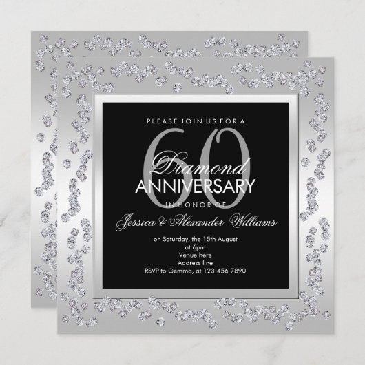 Invitation Diamants élégants Argent 60e anniversaire de maria (Devant / Derrière)