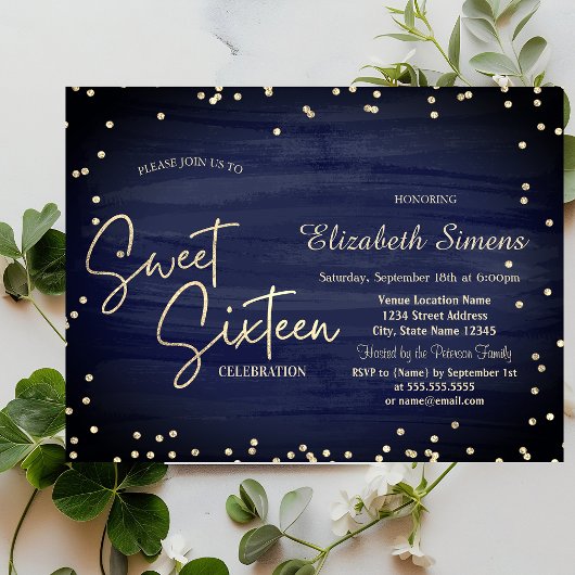 Invitation Diamants Élégants Bleu Marine Or Script Sweet 16