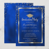 Invitation Diamants élégants Gold Grad Casquette Bleu métalli (Devant / Derrière)