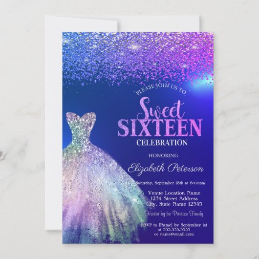 Invitation Diamants élégants, Robe Bleu Doux 16 (Devant)