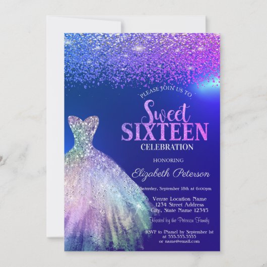 Invitation Diamants Élégants, Robe Bleue Douce 16 ans (Devant)