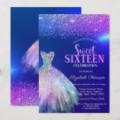 Invitation Diamants Élégants, Robe Bleue Douce 16 ans (Devant / Derrière)