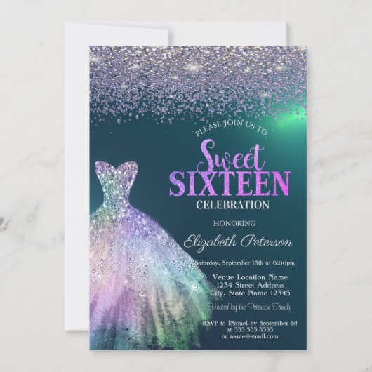 Invitation Diamants Élégants, Robe Verte Douce 16 ans (Devant)