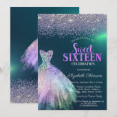 Invitation Diamants Élégants, Robe Verte Douce 16 ans (Devant / Derrière)