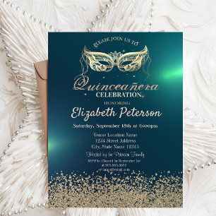 Invitation Diamants en or faux moderne, Quinceañera de masque