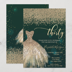 Invitation Diamants en or, robe élégante verte 30e anniversai