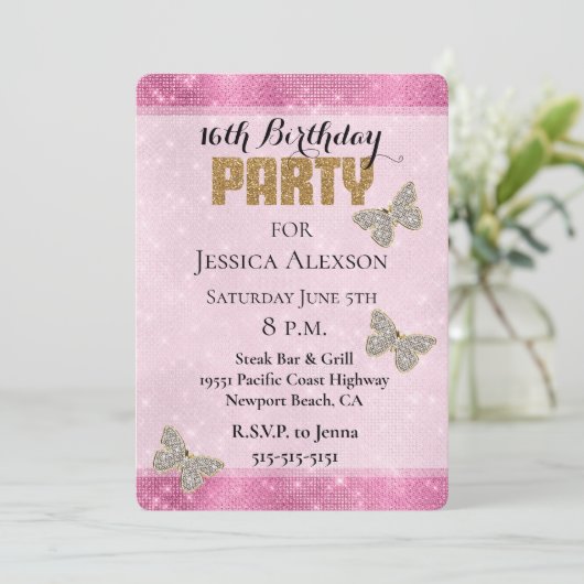 Invitation Diamants en or rose étincelle Parties scintillant (Debout devant)