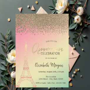 Invitation Diamants en or,Tour Eiffel Ombre Quinceañera