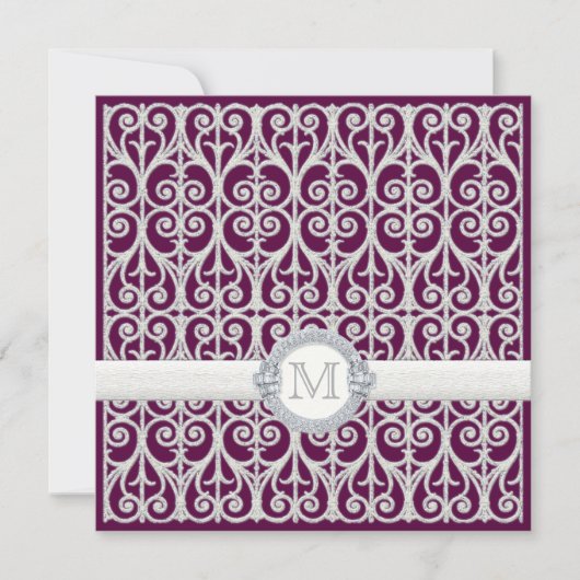 Invitation Diamants et dentelle de prune violette, Mariage mo (Devant)