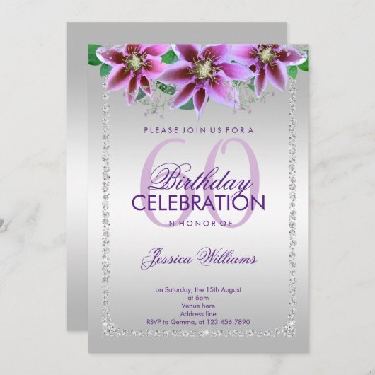 Invitation Diamants et Fleurs Classy 60e anniversaire (Devant / Derrière)