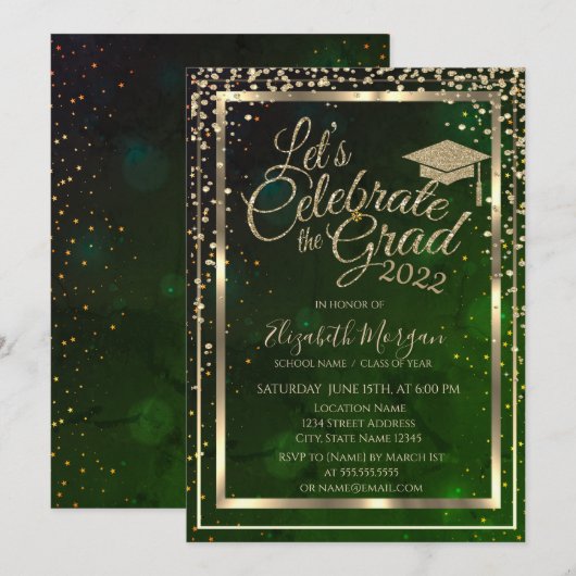 Invitation Diamants Étoiles Cap de Remise de Diplôme Vert Rem (Devant / Derrière)
