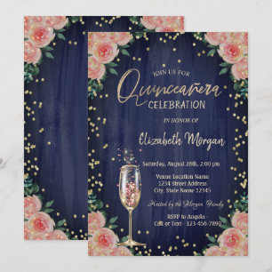 Invitation Diamants Fleurs Verre à Champagne Quinceañera