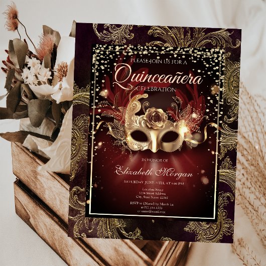 Invitation Diamants Floral Damask Masquerade Quinceañera